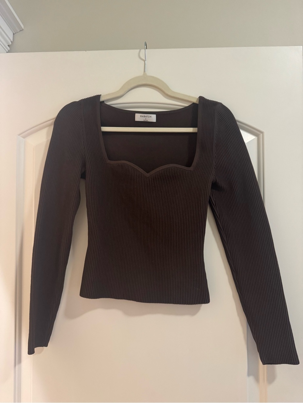Aritzia Ribbed Long-Sleeve Square Sweetheart Neck Top - Brown